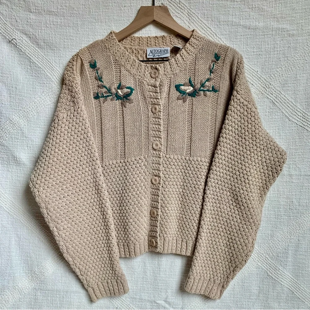 VTG Autograph American Ramie Cotton Tan Beige Knit Embroidered Cardigan Sweater - Picture 4 of 11